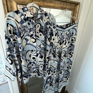 H&M Pucci Vibe Geometric Blue and White Blouse and Pant Set